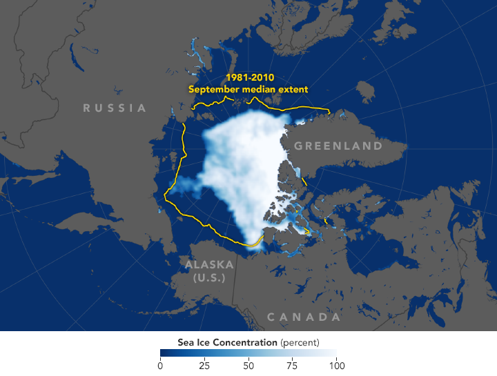 Extent of Arctic sea ice as measured by satellites on September 19, 2018