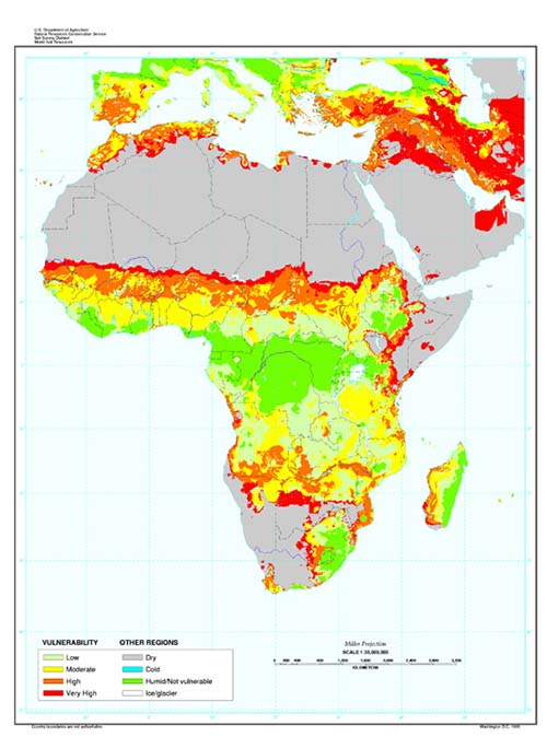 Vulnérabilité à la désertification en Afrique. Source: Land Resource Stresses and Desertification in Africa