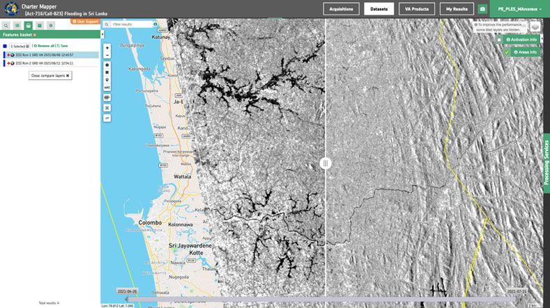 Figure 3. The Geobrowser of the ESA Charter Mapper showing the slider (or "Compare Layers") function and illustrating the evolution in time of the flooding that hit Sri Lanka in early June 2021. The left layer shows the situation one day after the flood hit the area on 5 June and the right layer six days after the event. Both layers use RADARSAT Constellation Mission (RCM) imagery acquired on 6 and 11 June 2021, respectively. The data were acquired in the context of Activation 716, which was a Sentinel Asia escalation to the Charter triggered by ADRC on behalf of the Disaster Management Center of Sri Lanka. RADARSAT Constellation Mission Imagery © Government of Canada (2021) - RADARSAT is an official mark of the Canadian Space Agency.