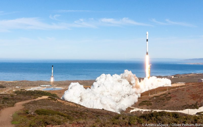 The Sentinel-6 Michael Freilich ocean observation satellite lifted off on a SpaceX Falcon 9 rocket from Space Launch Complex 4E at Vandenberg Air Force Base in California at 9:17 a.m. PST (12:17 p.m. EST) Saturday, Nov. 21, 2020. In this composite, the rocket can be seen at left landing. Photo: Oliver Pelham Burn / AmericaSpace