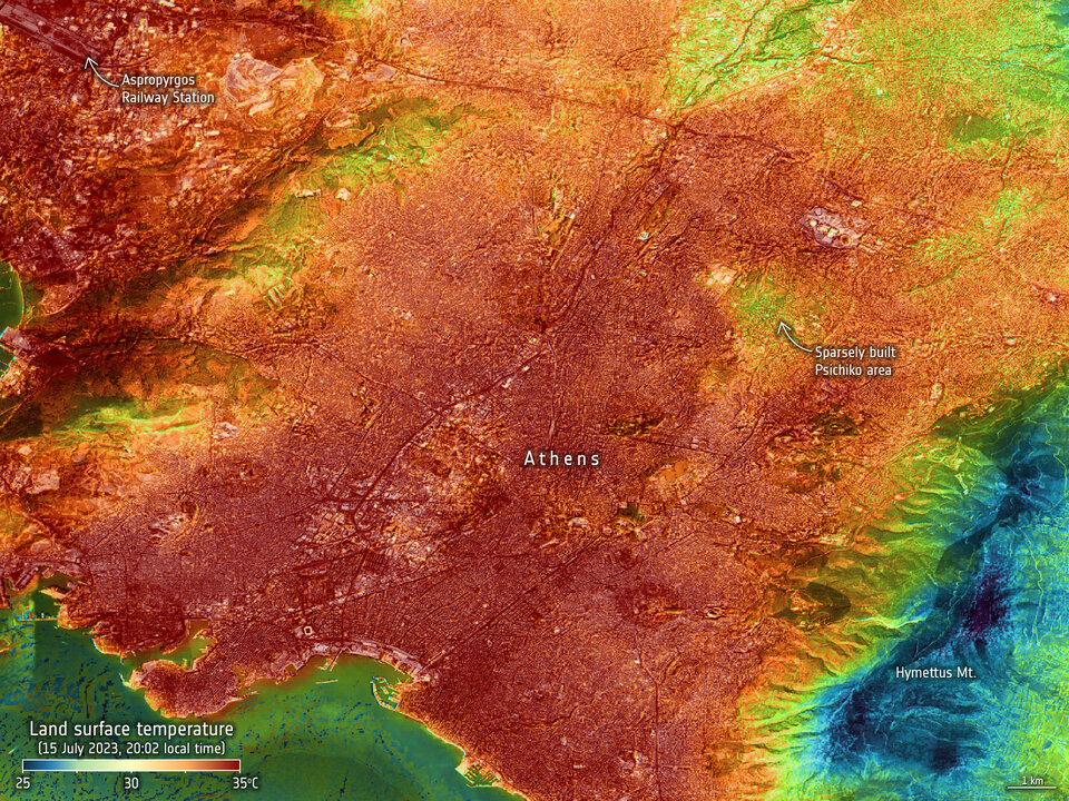 Land-surface temperature in Athens on 15 July 2023Full resolution image