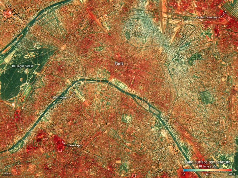 Land-surface temperature in Paris on 18 June 2022Click here to view this image at its full resolution.