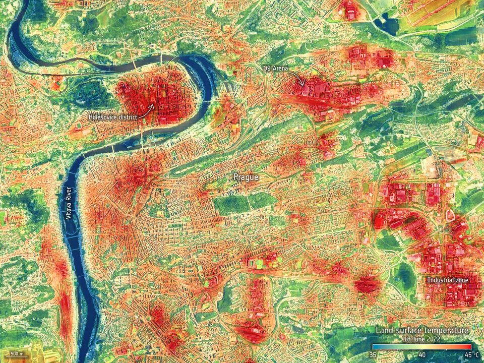 Land-surface temperature in Prague on 18 June 2022Click here to view this image at full resolution.