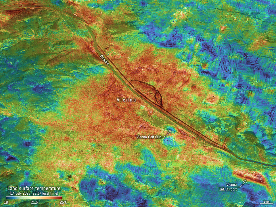 Land-surface temperature in Vienna  on 14 July 2023Full resolution image