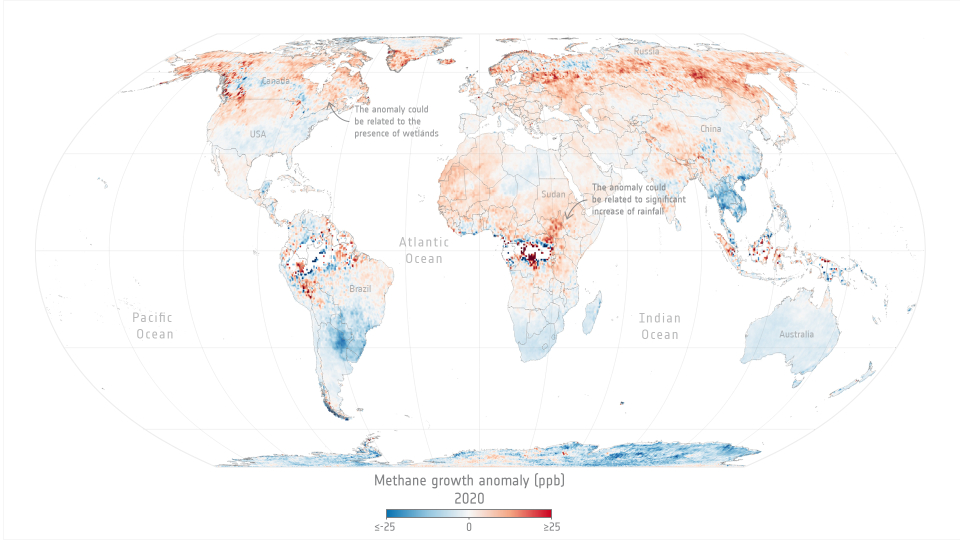 This global map shows the annual increase of methane emissions relative to the global mean annual increase and has been created using data from the Copernicus Sentinel-5P satellite.
