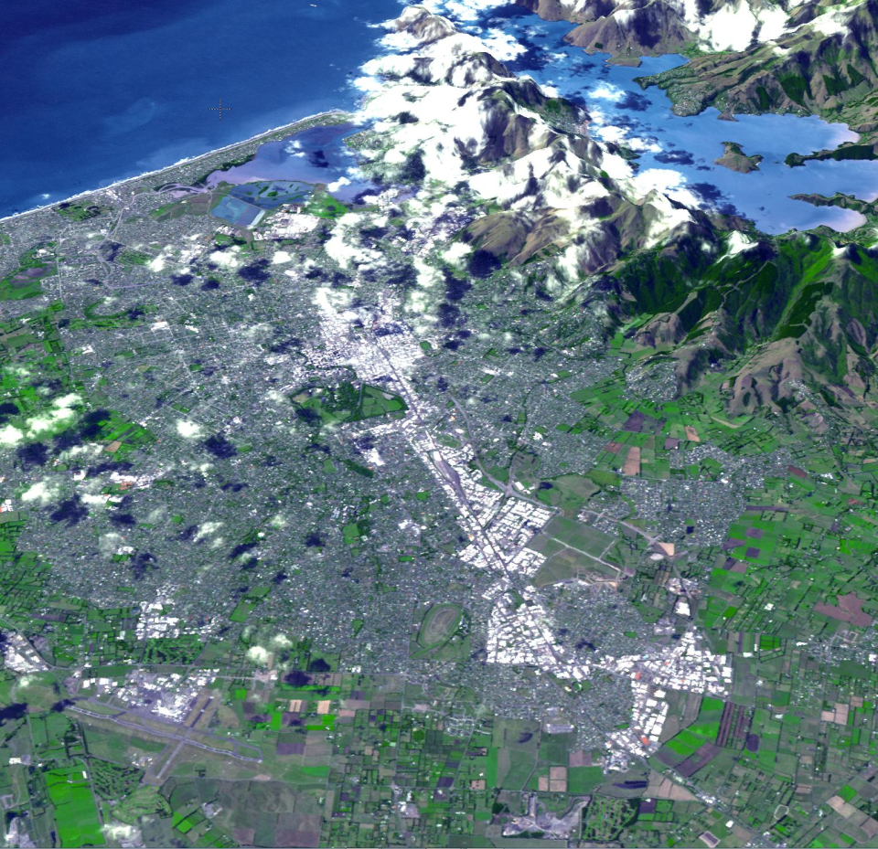Image 3D de Christchurch, Nouvelle-Zélande, acquise le 23 février 2011 par le capteur  Advanced Spaceborne Thermal Emission and Reflection Radiometer (ASTER) à bord du satellite  de la NASA. Image credit: NASA/GSFC/METI/ERSDAC/JAROS, and U.S./Japan ASTER Science Team