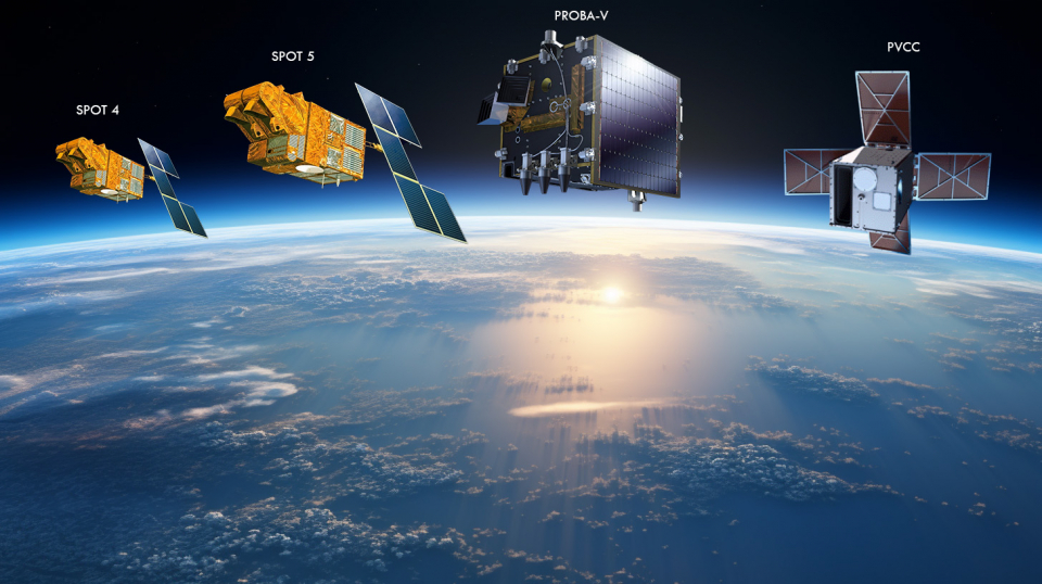 van links naar rechts: SPOT-4 en SPOT-5 (beide met een VGT-instrument aan boord), PROBA-V en de onlangs gelanceerde PVCC. (artist's impression - respectieve afmetingen worden niet gerespecteerd)
