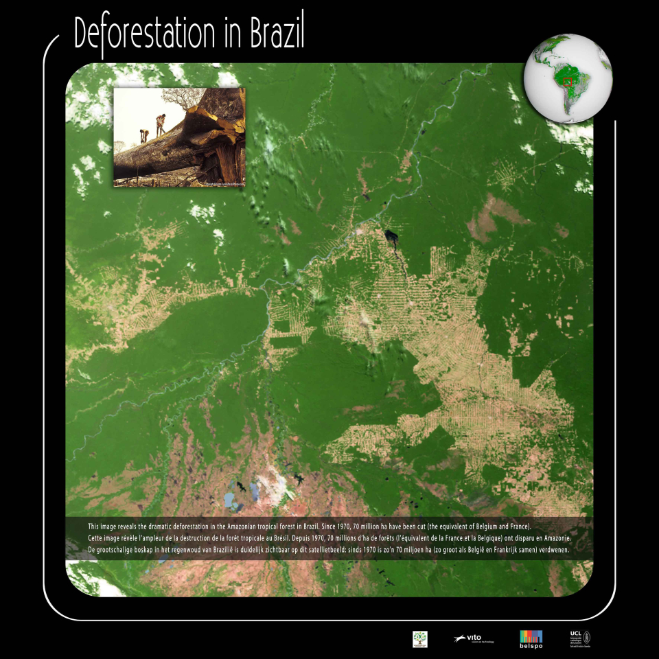This image reveals the dramatic deforestation in the Amazonian tropical forest in Brazil.