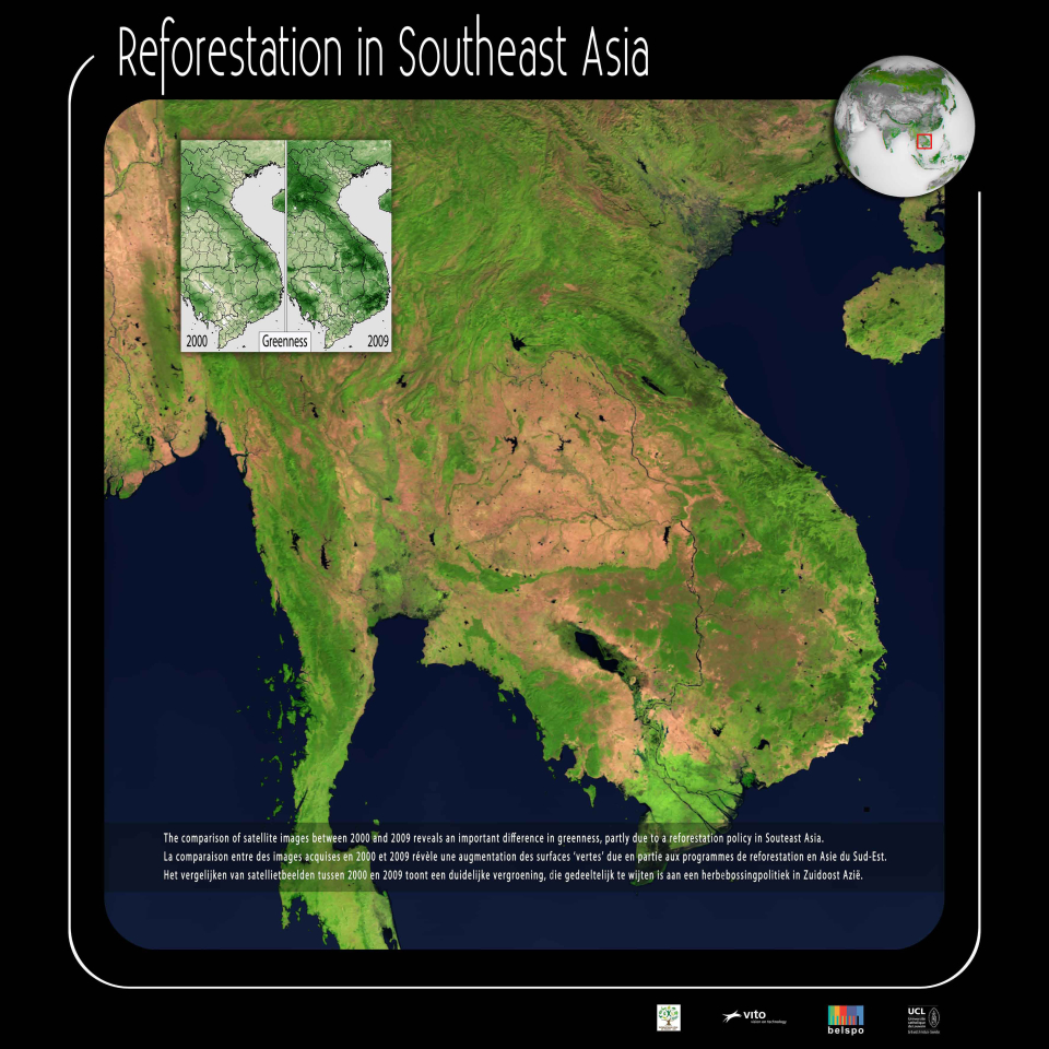 La comparaison entre des images acquises en 2000 et 2009 révèle une augmentation des surfaces 'vertes' due en partie aux programmes de reforestation en Asie du Sud-Est.