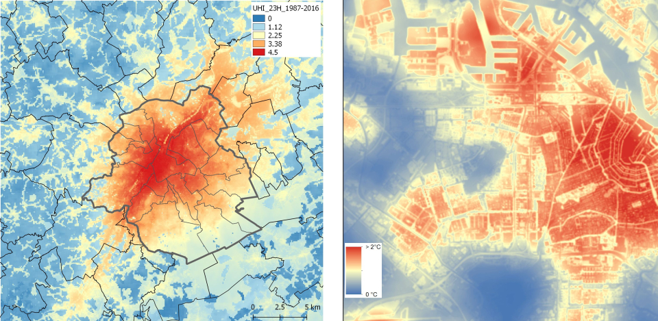 Left: Average 2m air temperature at 23h (moment of max UHI) during all summer months (June-August) of the years 1987- 2016. Right: UrbCLIM output field downscaled to 30-m resolution showing the average daily maximum urban heat island (UHI) intensity for a part of the city of Amsterdam. Credit: VITO