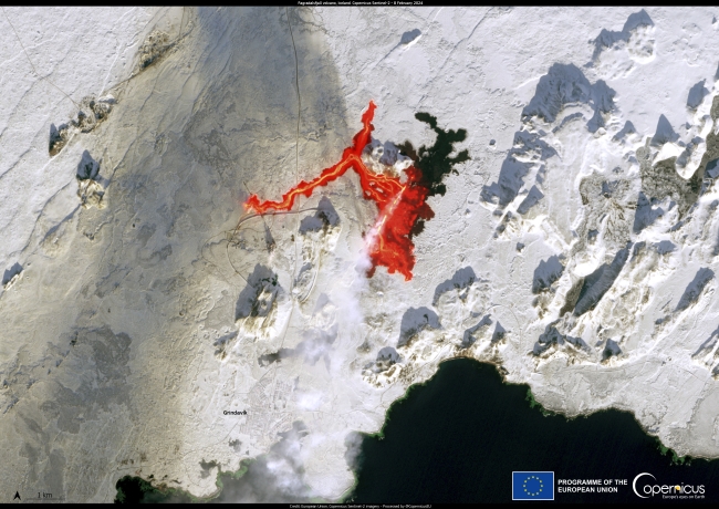 This image of the eruption was acquired by one of the Copernicus Sentinel-2 satellites on 8 February 2023 at 13:04UTC, less than 10 hours after the event began. The smoke plume and the lava flow can clearly be seen near the city of Grindavik.