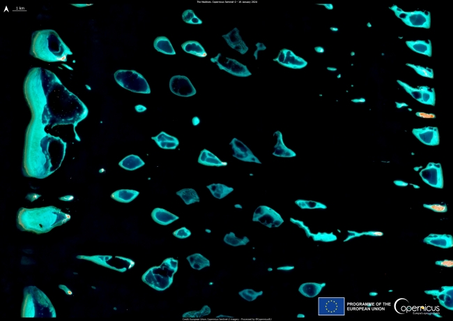 This image, acquired by one of the Copernicus Sentinel-2 satellites on 16 January 2024, shows the Maldives Coral Reefs, which are currently suffering from coral bleaching.