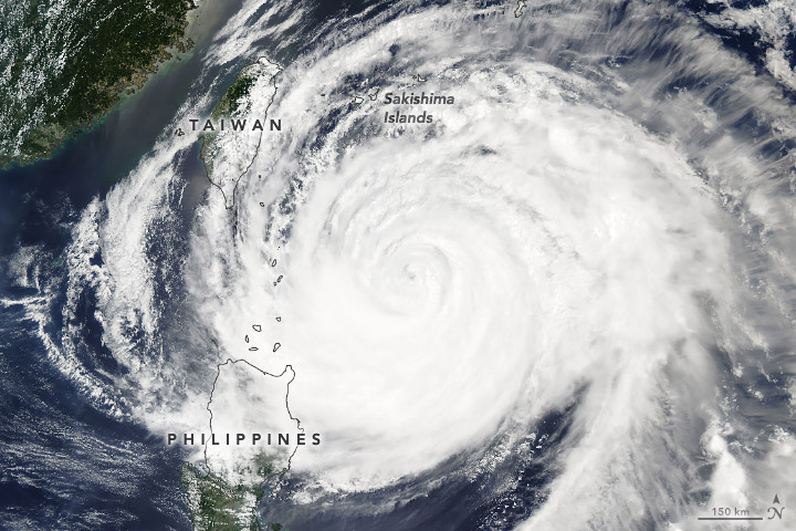 After strengthening rapidly and grazing the Philippines and Taiwan, the storm headed north toward the Sakishima Islands.Click here to view this image at full resolution.